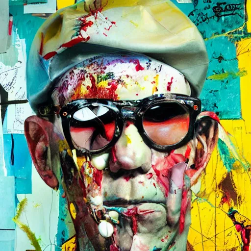 Image similar to hyperrealistic, photorealistic, mixed media oil painting of hunter s thompson, magazine scraps, plaster, blood, oil, mustard, splatter, greg rutkowski, basquiat, ralph steadman, wesley kimler, terry gilliam, andy warhol, dali