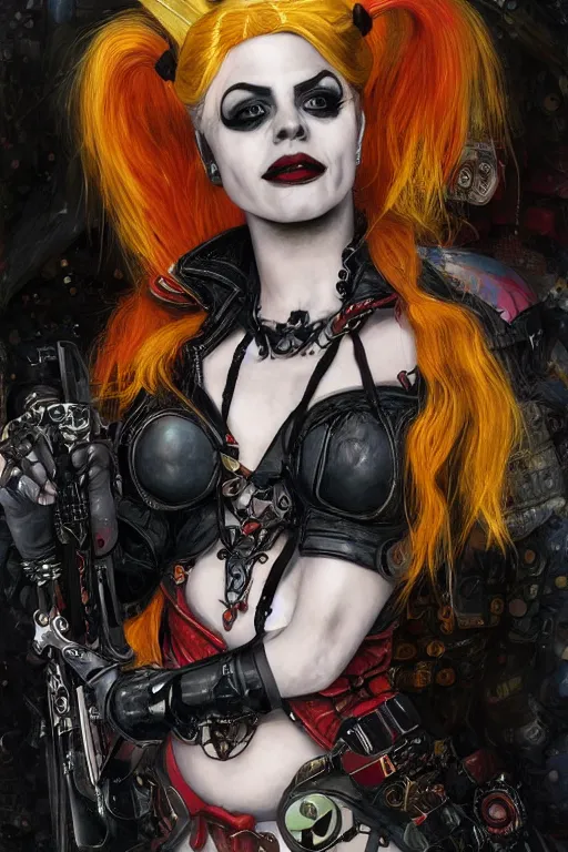 Image similar to portrait of beautiful gothic Harley Quinn, cyberpunk, Warhammer, highly detailed, artstation, illustration, art by Gustav Klimt