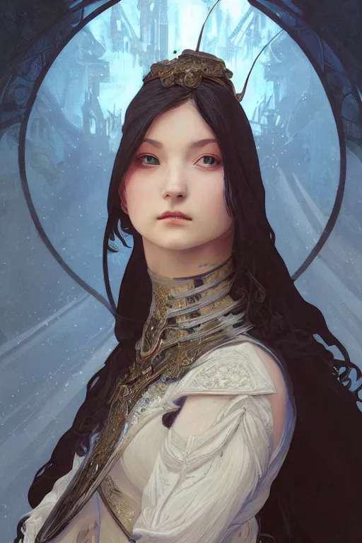 Image similar to beautiful and victorian and holy and divine and elite young medieval female like twice tzuyu white armor knight portrait +shinny eyes+front face with light flowing hair, ultradetail face, art and illustration by tian zi and craig mullins and WLOP and alphonse mucha, fantasy, intricate complexity, human structure, human anatomy, fantasy character concept, watermark, blurry, hyperrealism 8k