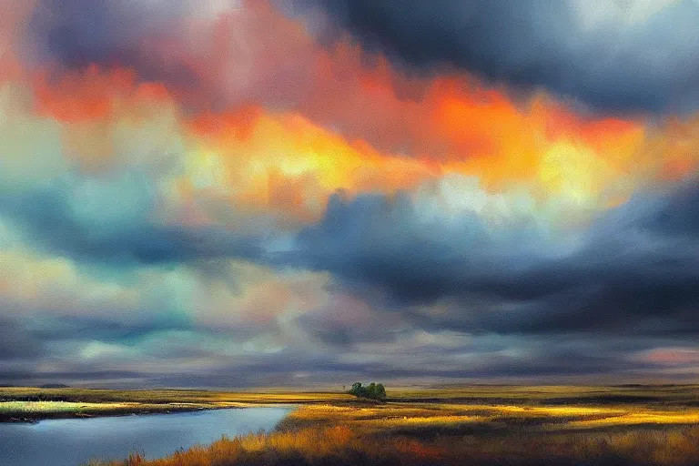 Image similar to amazing landscape painting with moody clouds and unusual colors, random-artist-blend