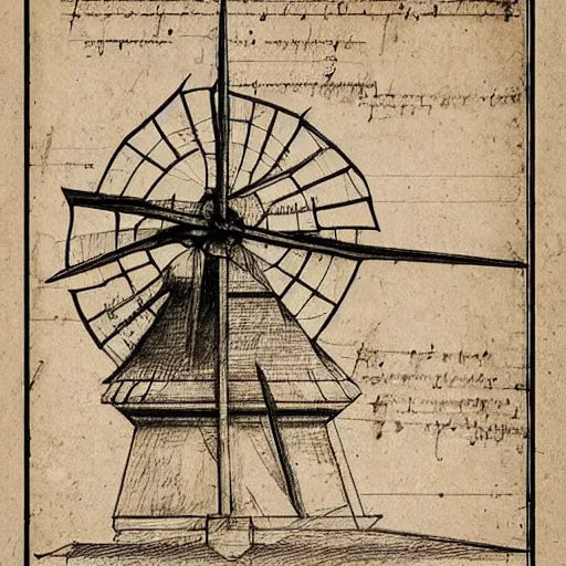 Image similar to old pencil sketch by leonardo da vinci blueprint! of a windmill, very detailed technical sketch, blueprint with annotation, quotes, written dimensions, monochromatic, sepia tones, old paper