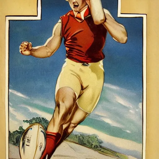 Prompt: 1920s magazine advertisement featuring a handsome blonde rugby player in a running pose, rugby ball in the crook of his arm, full color painting by J.C. Leyendecker