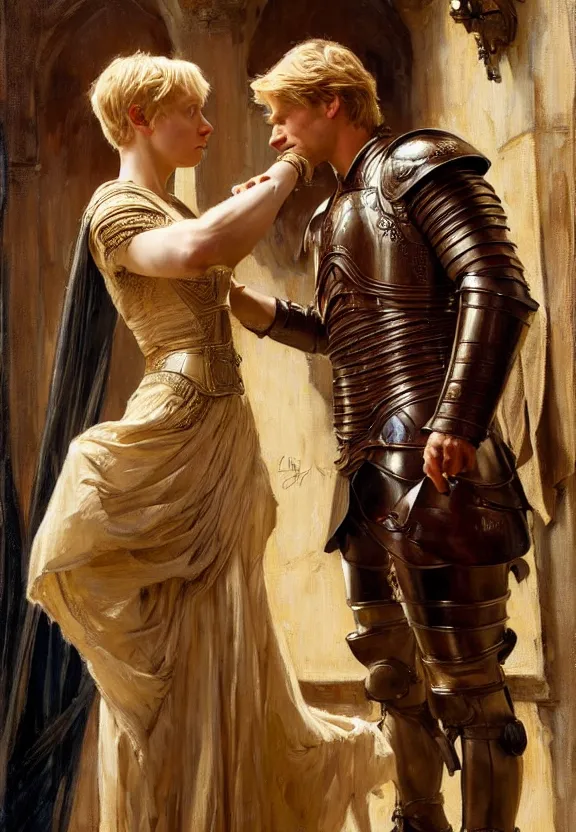 Image similar to attractive jaime lannister confesses his love for attractive armored brienne of tarth. highly detailed painting by gaston bussiere and j. c. leyendecker 8 k