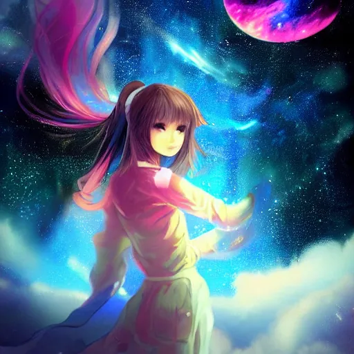 Image similar to over the cloud there is a cosmic girl A young female looks like kasumi arimura with wolor explosion background trending on artstation and twitter by Yoneyama Mai and Krenz Cushart, trending on pixivpour technique, she isColorful astronaut, flowing robe, floating , colorful nebula, derelict space ship, science fiction spaceman, space, futuristic spacesuit, cover art, cinematic, highly detailed, strong line work, Alphonse Mucha, John Harris, 4k render, 4k post, hyper detailed