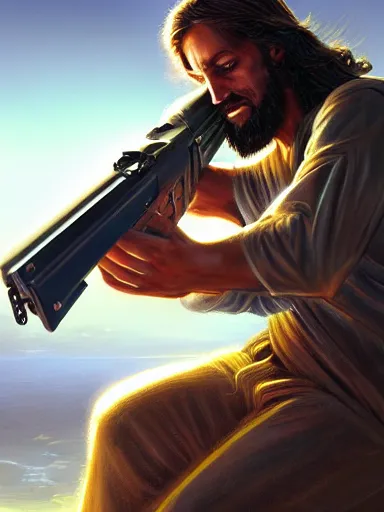 Image similar to jesus christ firing ak - 4 7. intricate, elegant, highly detailed, digital painting, artstation, concept art, sharp focus, illustration, by justin gerard and artgerm, 8 k