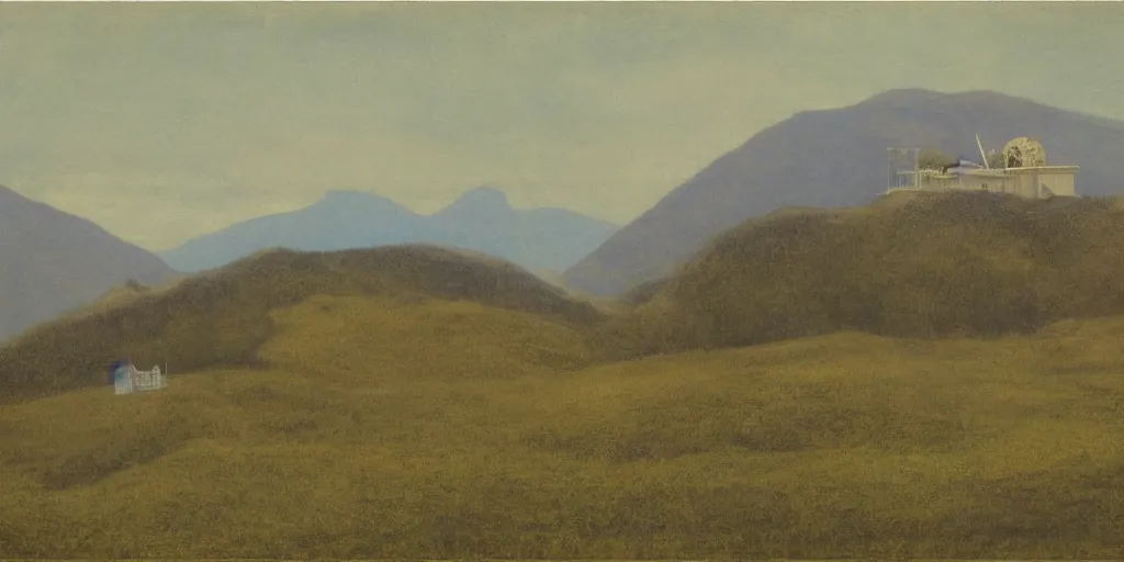 Prompt: observatory, temple, mountains by Fernand Khnopff