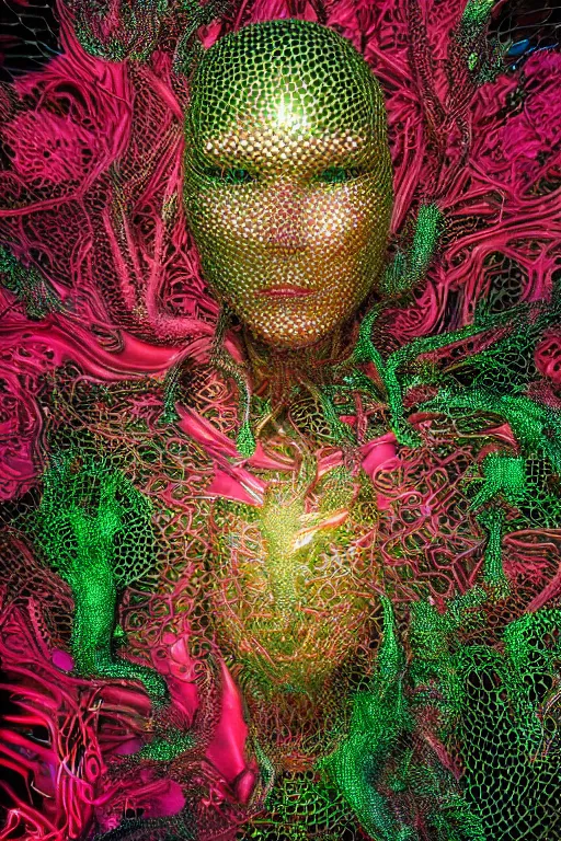 Prompt: a melancholic realistic 8k sculpture of a complex robotic human face, liquid metal simulation, bright psychedelic neon colors, dark dramatic lighting, hexagonal mesh wire, filigree intricate details, cinematic, fleshy, red blossoms, green ivy, elegant, 50mm lens, DOF, octane render, art nouveau, 8k post-processing, intricate art by greg rutkowski