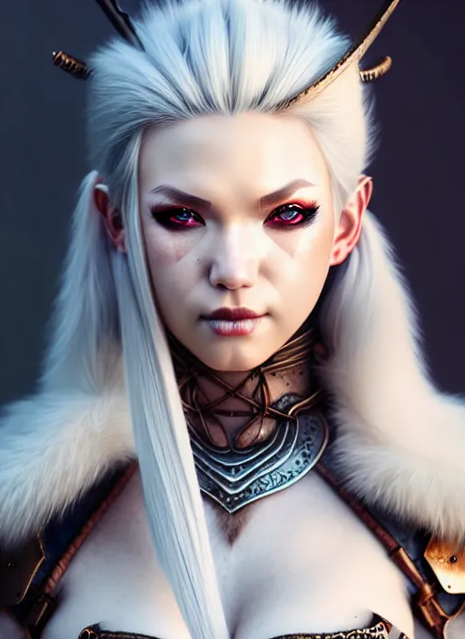 Image similar to barbarian, fur leather armor!!! beautiful and elegant white hair female!! gorgeous ayes!! character concept art, sharp focus, octane render! unreal engine 5! highly rendered!! trending on artstation!! detailed linework!! illustration by artgerm, wlop, and chie yoshii