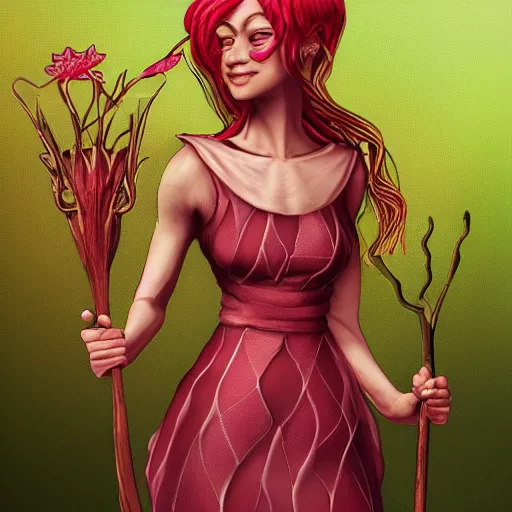 Image similar to cell shaded humanoid onion goddess, flower vine dress, crown, artstation, 4 k gorgeous, smiling, red hair regal, garlic scepter