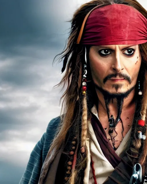 Image similar to David Tennant in the role of captain jack sparrow, film still, amazing short, 8K, IMAX, ultra detailed