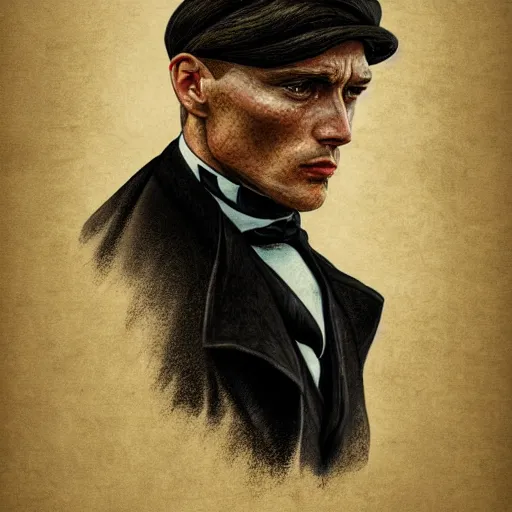 Image similar to a portrait of tommy shelby from the peaky blinders in front of atlantis, in the style of Benjamin Bader, sharp, highly detailed, realistic face, digital art, epic, fantasy, artstation