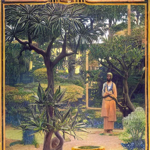 Image similar to Old African gardener cutting bonsai trees, isyllic Garden, by Annie Swynnerton and Nicholas Roerich and jean delville, glowing paper lanterns, strong dramatic cinematic lighting , ornate tiled architecture, lost civilizations, smooth, sharp focus, extremely detailed