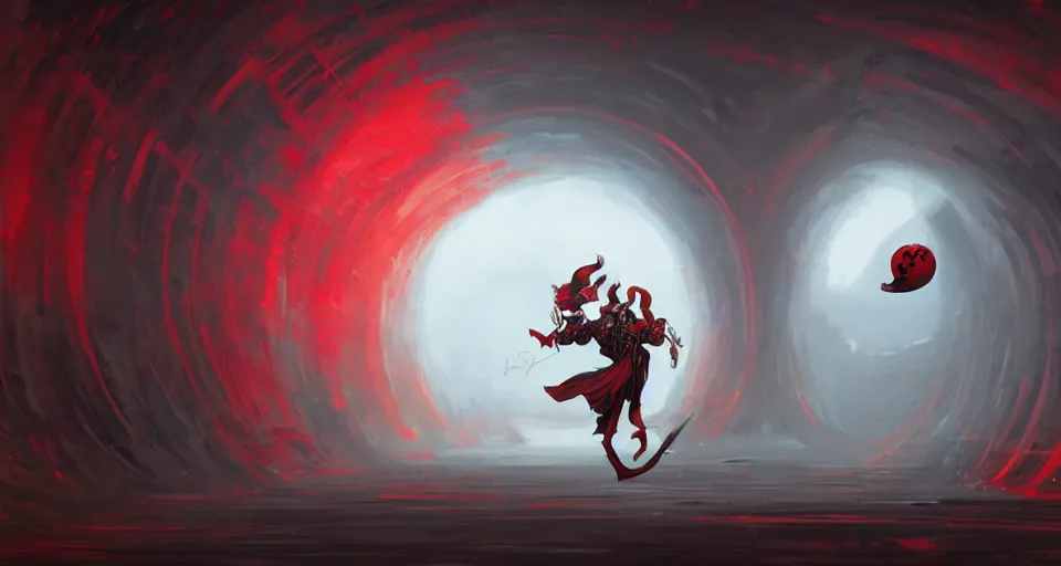 Image similar to a warping tunnel of red and black checkerboard pattern with a jester dancing in it by peter mohrbacher, vivid colors, matte painting, 8K, concept art, mystical color scheme, trending on artstation