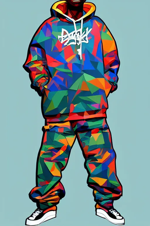 Image similar to full length illustration of 9 0 s hip - hop rapper, digital painting, trending on art station and devian art, pop art, low polygons illustration