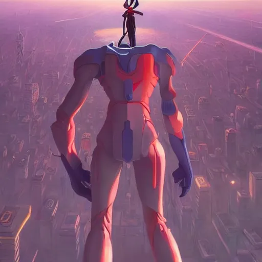 Image similar to giant evangelion stands over city by simon stalenhag, d & d, fantasy, digital painting, unreal engine 5, photorealism, hd quality, 8 k resolution, cinema 4 d, 3 d, cinematic, professional photography, art by artgerm and greg rutkowski and alphonse mucha and loish and wlop