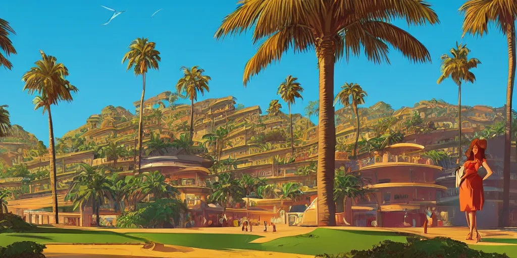 Image similar to casino on top of a hill with palmtrees, game background median photoshop filter cutout vector behance hd by jesper ejsing, by rhads, makoto shinkai and lois van baarle, ilya kuvshinov, rossdraws, illustration, art by ilya kuvshinov and gustav klimt