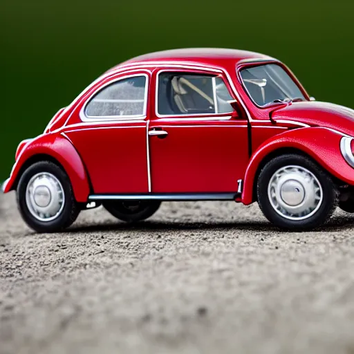 Prompt: a miniature volkswagen beetle. nature photography. macrophotography. NIKON D800E + 105mm f/2.8 @ 105mm, ISO 400, 1/1000, f/3.5