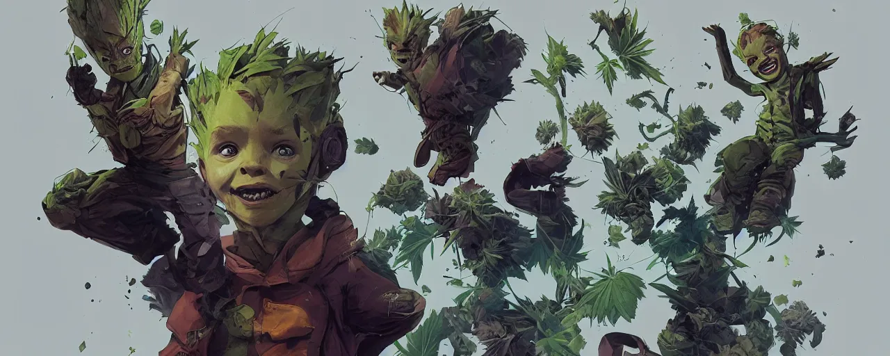 Prompt: duotone concept illustration 3 / 4 portrait of kid face consisting of marijuana, baby groot, cannabis!, cinematic volumentric lighting, jim cheung, david marquez, mike deodato jr, ilya kuvshinov, makoto shinka, behance hd by jesper ejsing, by rhads, hyper detailed, octane render, concept art, artstation