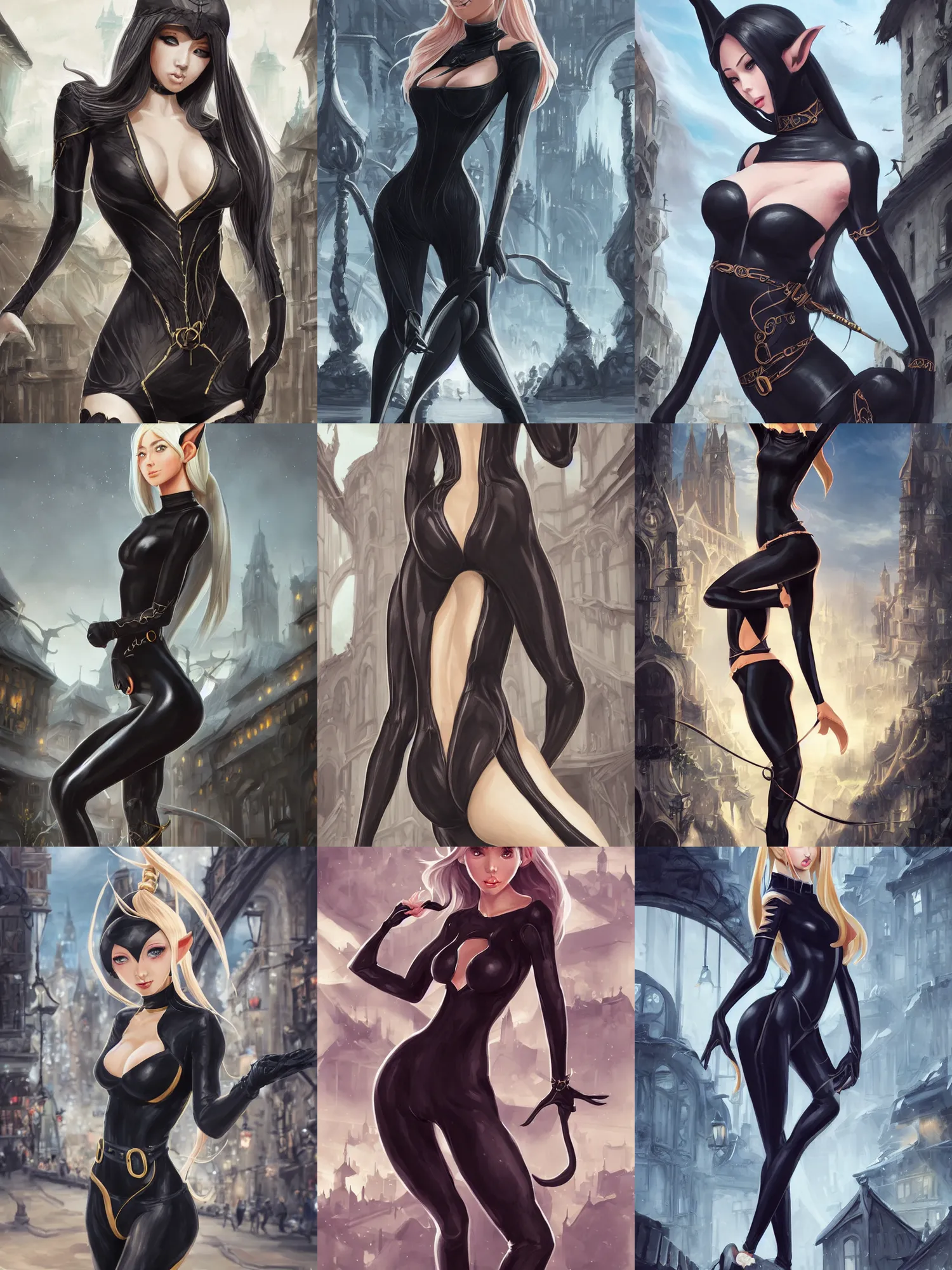 Prompt: picture of an elf lady, wearing a skintight black catsuit, waist - reaching ponytail, blonde, white skin, thin waist, medieval city background, highly detailed, smooth, sharp focus, digital illustration, by rossdraws