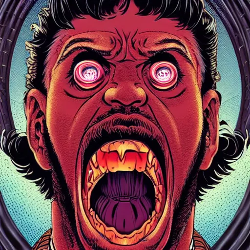 Image similar to portrait of crazy screaming post malone with red eyes like hal 9 0 0 0, as vampire, symmetrical, by yoichi hatakenaka, masamune shirow, josan gonzales and dan mumford, ayami kojima, takato yamamoto, barclay shaw, karol bak, yukito kishiro