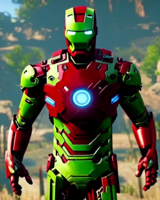 Image similar to green iron man suit in red dead redemption 2, cinematic, photorealistic