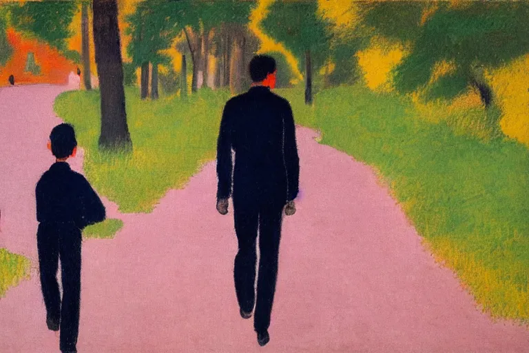 Image similar to a very tall man with dark hair holding the hands of a short young boy with dark hair as they walk down a suburban highway on a bright beautiful colorful day. part in the style of an edgar degas painting. part in the style of david hockney