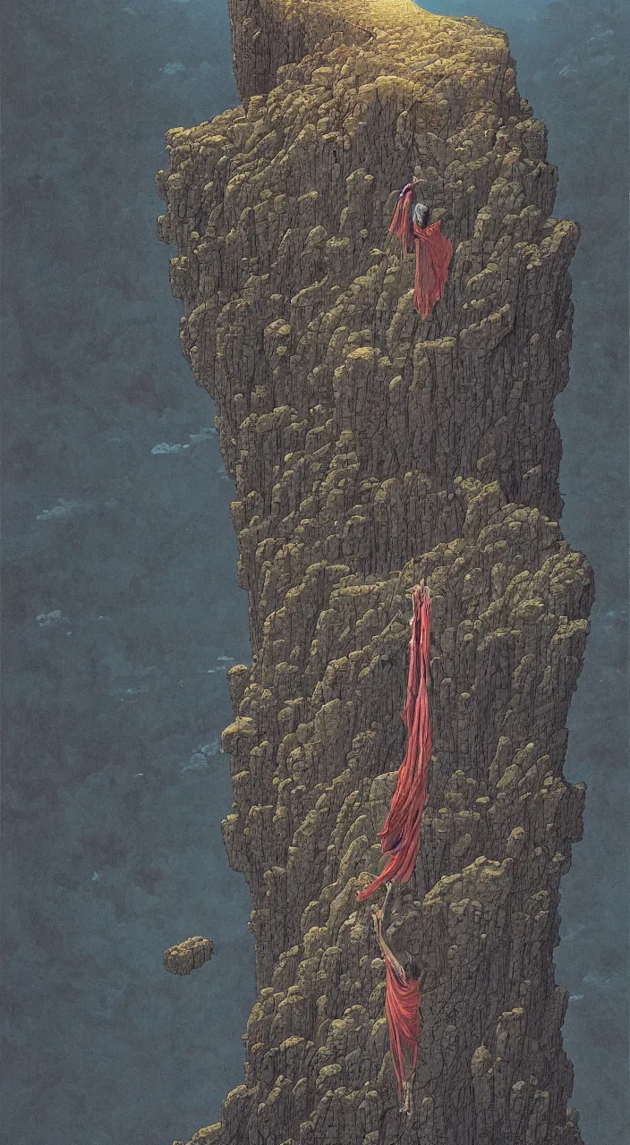 Prompt: a detailed painting of a single woman hanging from the side of a cliff overlooking the end of the world covered in old technology and lost dreams by Studio Ghibli trending on ArtStation Beksinski, Greg Hildebrandt, 8k highly detailed ❤️‍🔥 🔥 💀 🤖 🚀