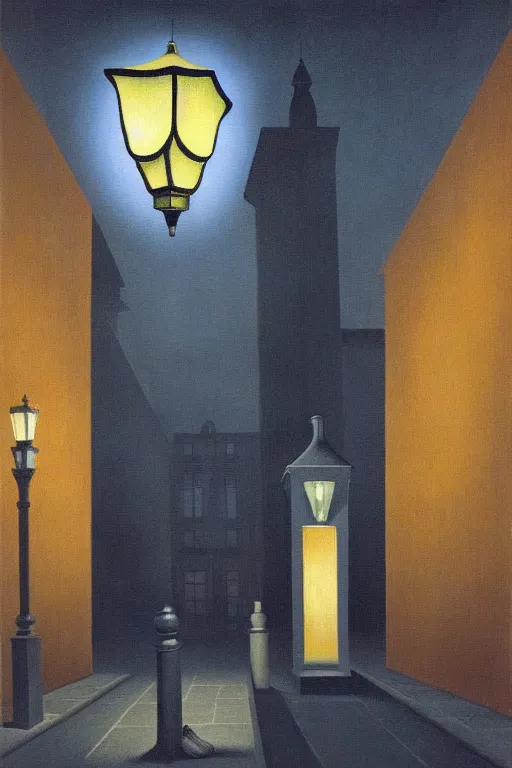 Image similar to a ghost under a streetlight at night by rene magritte, detailed painting, hd, hq, high resolution, high detail, 4 k, 8 k