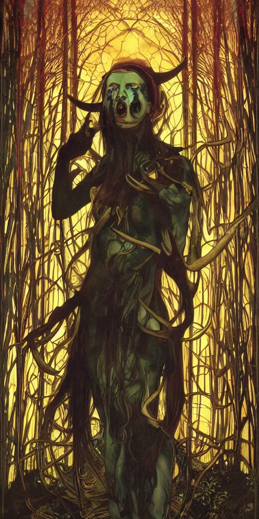 Image similar to intense roaring screaming glowing black metal pagan god with ram horns and veins and intense glowing eyes in very dark forest by karol bak and alphonse mucha, portrait, fantasy, clear, light beams, lens flare, intense, uhd, red and teal and shining polished gold, amazing depth, cinematic lighting