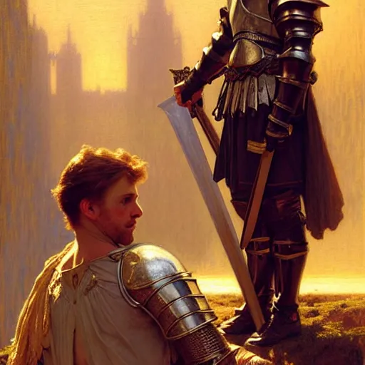 Image similar to attractive arthur pendragon and his attractive male knight, they are in love, natural lighting, path traced, highly detailed, high quality, digital painting, by gaston bussiere, craig mullins, alphonse mucha j. c. leyendecker