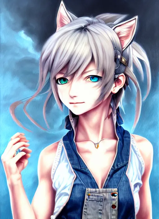 Image similar to a portrait of catgirl wearing white vest, and denim shorts an ultrafine detailed painting, detailed painting, detailed eyes!!, final fantasy, octopath traveler