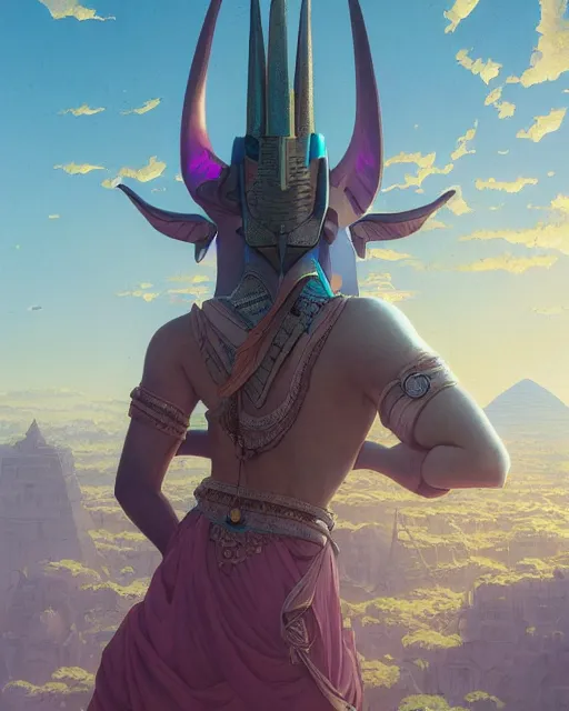 Image similar to highly detailed vfx portrait of anubis, pyramid behind, sky galaxy purple, unreal engine, greg rutkowski, loish, rhads, beeple, makoto shinkai and lois van baarle, ilya kuvshinov, rossdraws, tom bagshaw, alphonse mucha, global illumination, detailed and intricate environment