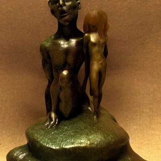 Prompt: magic mushroom, august rodin, dark patina, nendroid, gaston bussiere style