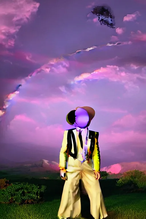 Image similar to Ethereal safari landscape with a pink rainbow sky under a god moonstone, black leather and embroidered Lolita dapper bespoke avant-garde tuxedo in velvet, black and gold rich color, dramatic cinematic lighting, featured on Artstation, extremely detailed by Lisa Frank