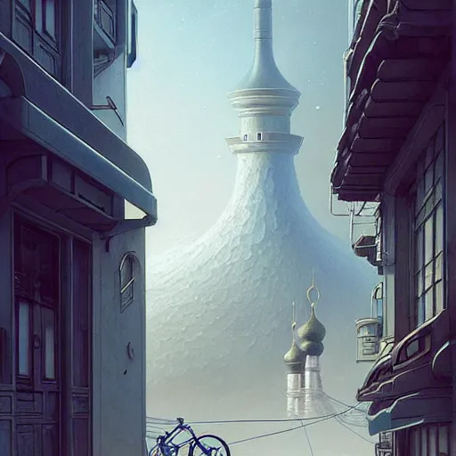 Image similar to It’s sublimely calm on the streets of Russian panel houses quarters on the Moon city, Norilsk, sci-fi, fantasy, intricate, very very beautiful, elegant, highly detailed composition, digital painting, artstation, concept art, smooth, sharp focus, illustration, art by artgerm and greg rutkowski and alphonse mucha