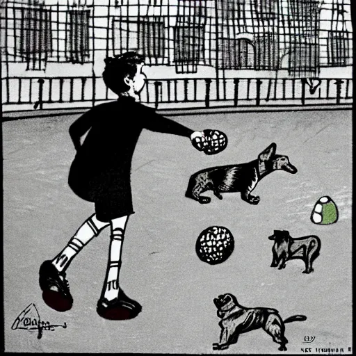 Image similar to illustration of french boy on the streets of paris playing football against a corgi, the dog is wearing a polka dot scarf, comic, 1 9 7 2