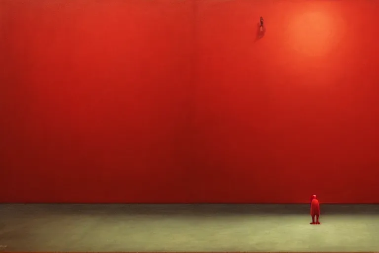 Image similar to only with red, netflix studios with workers, a big mickey mouse head in the middle of the room, in the style of beksinski, parts by edward hopper, parts by rodcenko, parts by yue minjun, intricate and epic composition, red by caravaggio, insanely quality, highly detailed, masterpiece, red light, artstation, 4 k