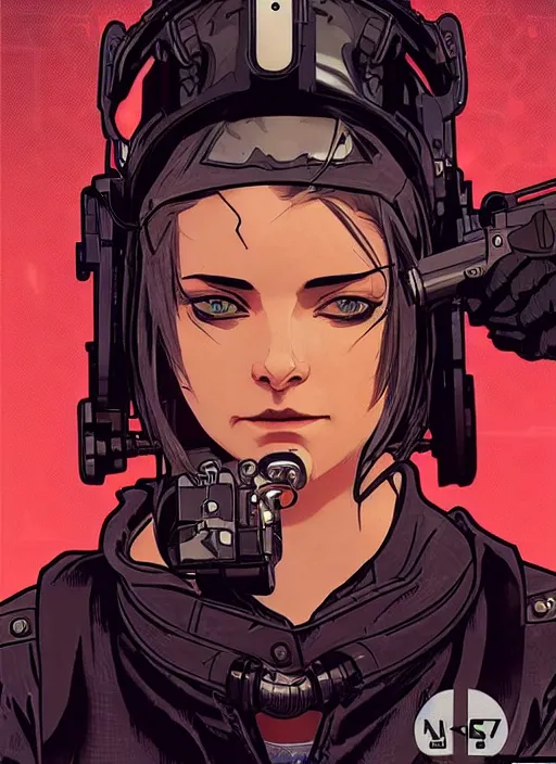 Image similar to cyberpunk spy babe. night vision. portrait by ashley wood and alphonse mucha and laurie greasley and josan gonzalez and james gurney. spliner cell, apex legends, rb 6 s, hl 2, d & d, cyberpunk 2 0 7 7. realistic face. dystopian setting.