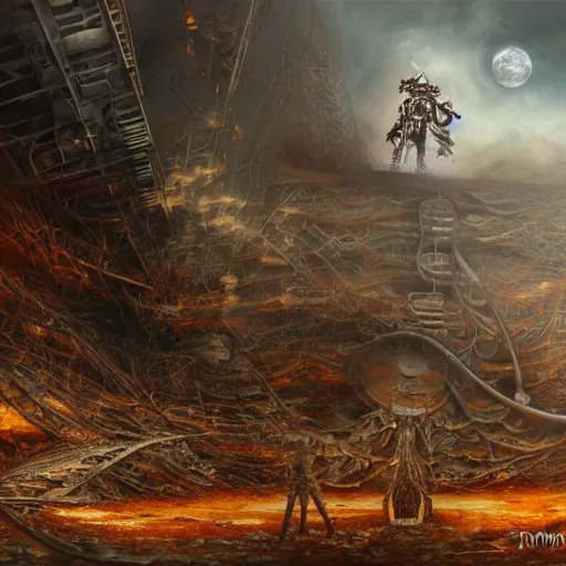 Prompt: flamethrower guitar robot in ruined city by Yoshitaka Amano, by HR Giger, biomechanical, 4k, hyper detailed, hyperrealism, anime, a Blood Moon rising on a Broken World, deviantart, artstation