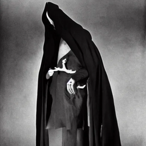 Image similar to salvador dali wearing a dark hooded cloak