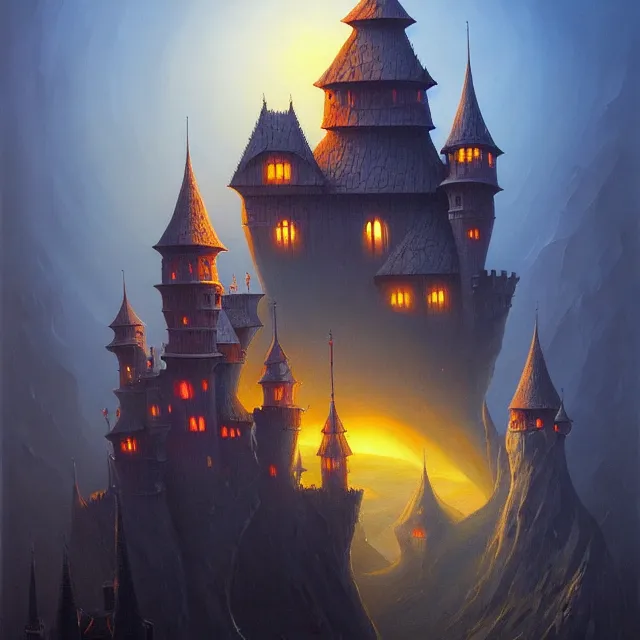 Image similar to a beautiful dark acrylic painting of a dark fantasy castle by Raja Ravi Varma and Gediminas Pranckevicius, trending on ArtStation.