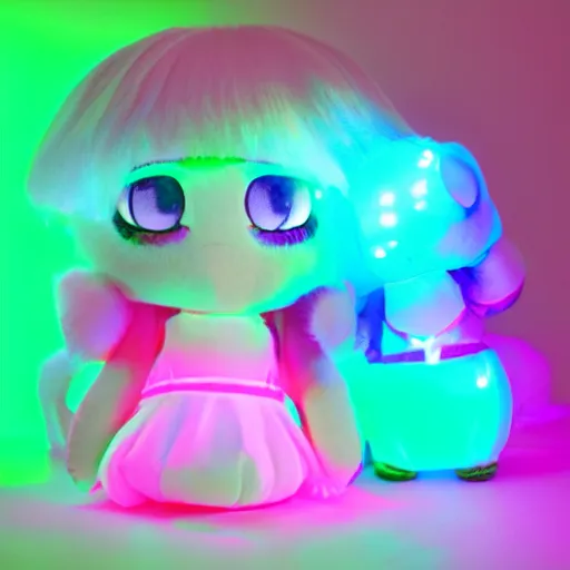 Prompt: cute fumo plush girl who is photoluminescent, jelly glow, neon lens flare, vray