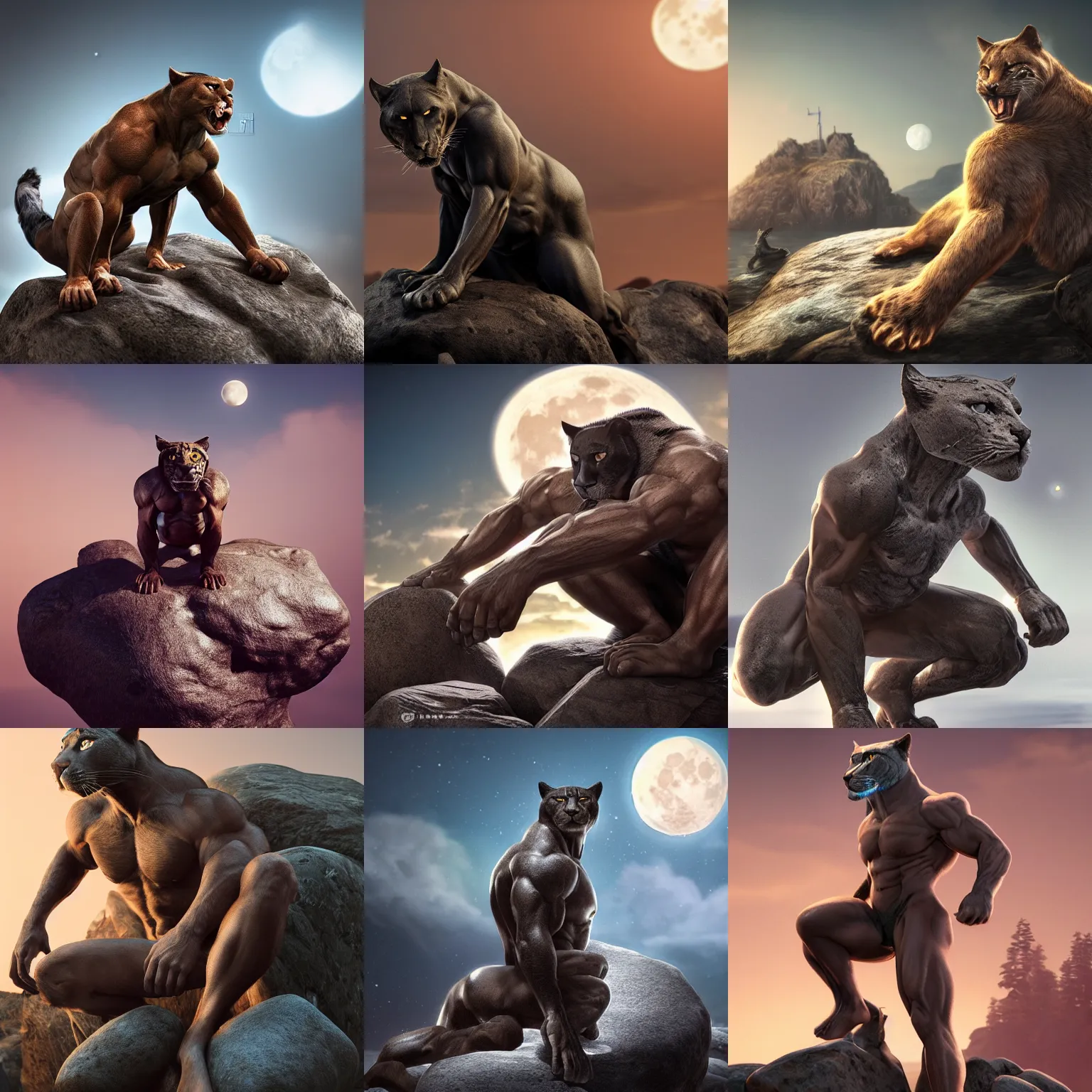 Prompt: a muscular man with a panther head and a very furry body sitting on a rock looking at the moon, intricately detailed, physically based rendering, realistic, in the style of WLOP, illustration, epic, fantasy, hyper detailed, smooth, unreal engine, sharp focus, ray tracing