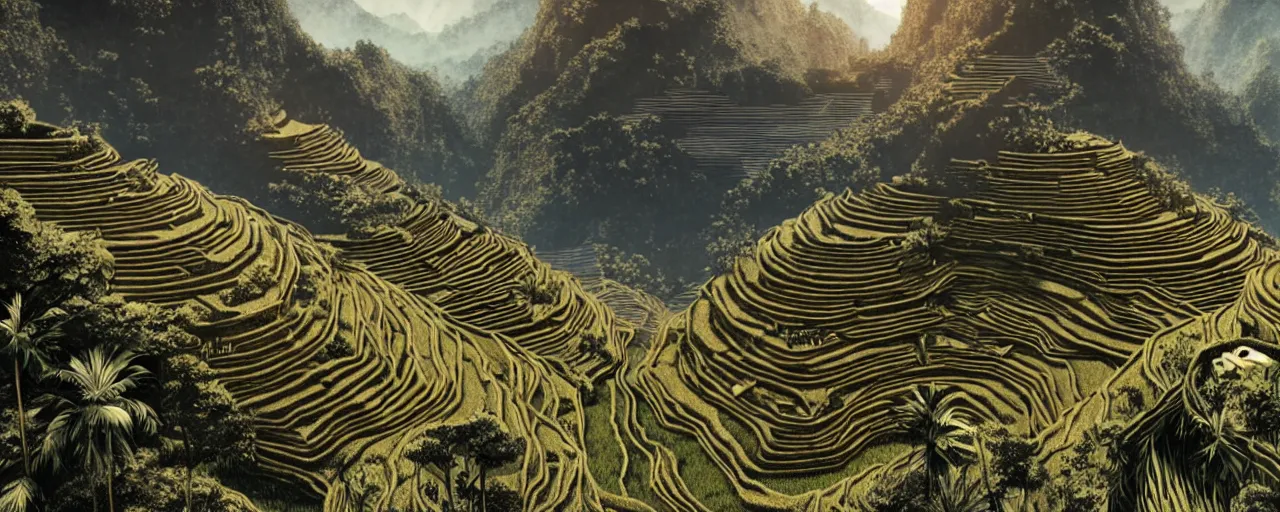 Image similar to an intricate concept art of sci - fi megastructures in rice terraces in the mountains, artstation, photorealistic movie still, sci - fi, hyper realistic, concept art, art by dylan cole, feng zhu, artgerm, greg rutkowski, cinematic lighting, octane render