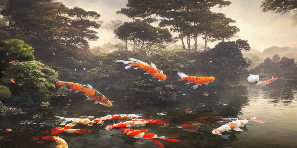 Prompt: giant koi fish flying through japanese garden, dim volumetric lighting, 8 k octane render, hdr, postprocessing, hyperdetailed, intricate, epic composition, cinematic lighting, masterpiece, trending on artstation, stunning art by anders zorn, extraordinary artwork by greg rutkowski