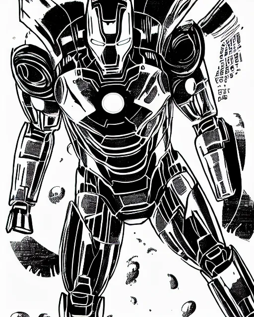 Prompt: black and white sad iron man with shawarma on hands, stay on the destroed moon, wires earth background, by tsutomu nihei