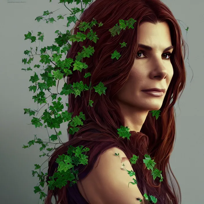 Image similar to portrait of Sandra Bullock as a Poison Ivy. intricate artwork. by Tooth Wu, wlop, beeple, dan mumford. octane render, trending on artstation, greg rutkowski very coherent symmetrical artwork. cinematic, hyper realism, high detail, octane render, 8k