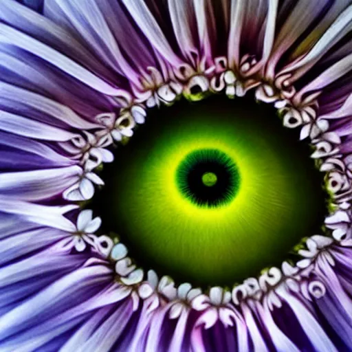 Prompt: beautiful intelligent eyes made of real flowers