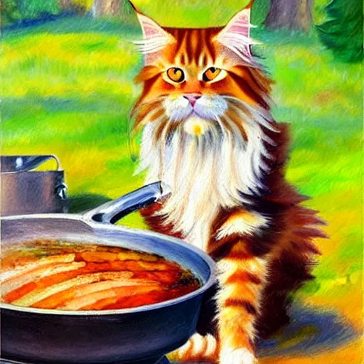 Prompt: beautiful impressionist painting of an ginger maine coon with a white beard cooking some sausages on a pan