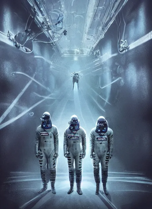Image similar to astronauts in dark and empty void underwater - complex and hyperdetailed technical suit. reflection and dispersion materials. rays and dispersion of light. volumetric light. 5 0 mm, f / 3 2. noise film photo. flash photography. ultra realistic, wide angle. poster by wayne barlowe, hajime sorayama aaron horkey, craig mullins